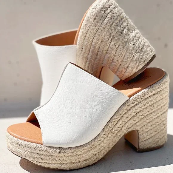 NEW White Faux Leather Espadrille Chunky Platform Wedge Slip On Slides Sandals - Picture 10 of 15